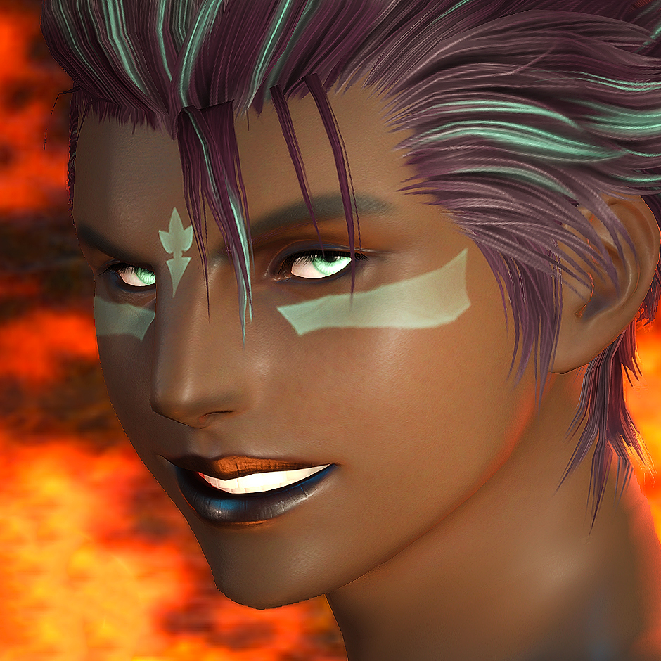 A picture of Still Abyss, a confident roegadyn with dark skin, brilliant teal eyes and short purple hair with teal highlights.
